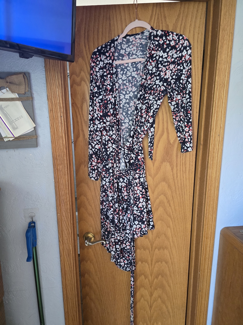 Source Unknown Black Floral Wrap Dress with Pink and White Blossoms